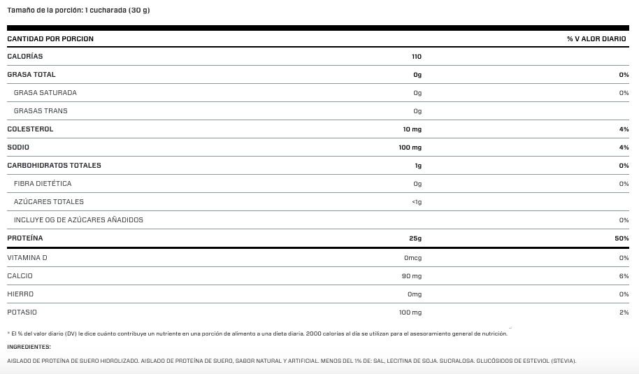 Información Nutricional Iso 100 Proteína Vainilla 5lb - Dymatize