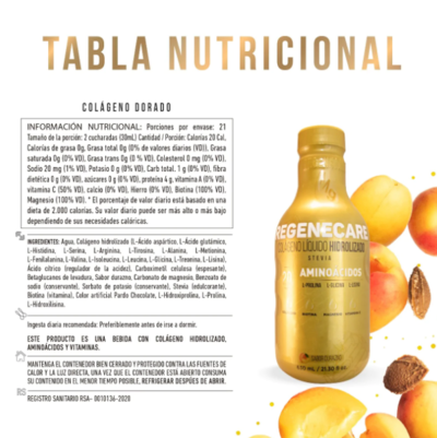 Información Nutricional Colágeno hidrolizado liquido durazno botella 630ml - Regenecare