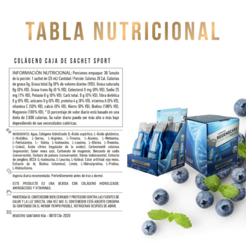 Información Nutricional Colágeno hidrolizado BCAA liquido 30 sachet - Regenecare